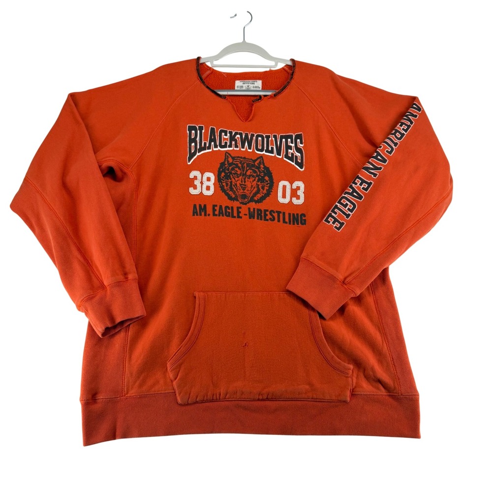 American Eagle Graphic Sweatshirt Mens XXL Orange Blackwolves Wrestling Y2K